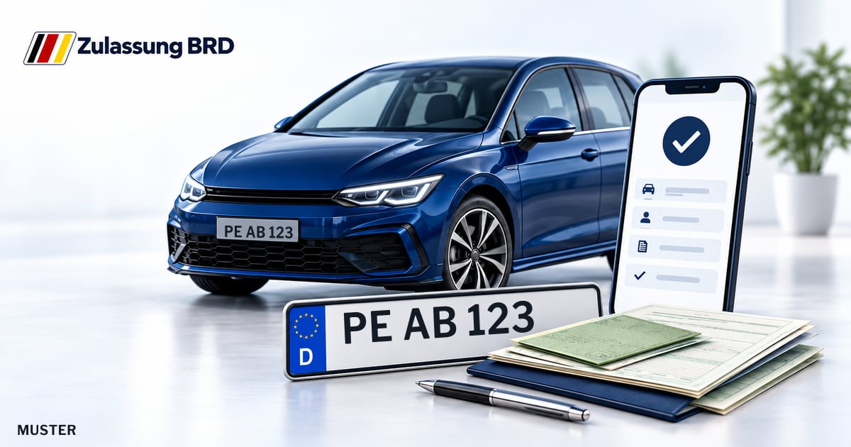 Online Fahrzeugzulassung in Lengede: Musterkennzeichen PE AB 123, Auto und Fahrzeugpapiere und Smartphone. Illustration mit Logo von Zulassung BRD.